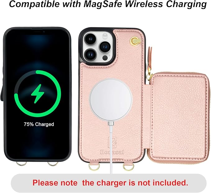 Bocasal for MagSafe Crossbody Wallet Case Compatible with iPhone 13 Pro Max, RFID Blocking Protective Purse Case with Card Slots Holder Kickstand Wrist Strap Lanyard Zipper 6.7 Inch 5G (Rose Gold)