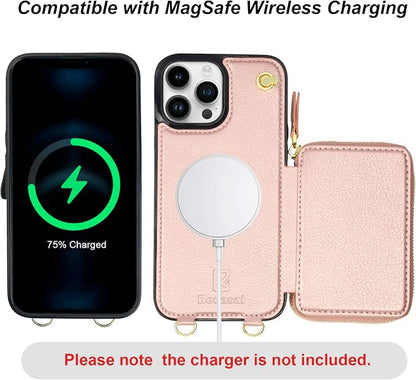 Bocasal for MagSafe Crossbody Wallet Case Compatible with iPhone 13 Pro Max, RFID Blocking Protective Purse Case with Card Slots Holder Kickstand Wrist Strap Lanyard Zipper 6.7 Inch 5G (Rose Gold)