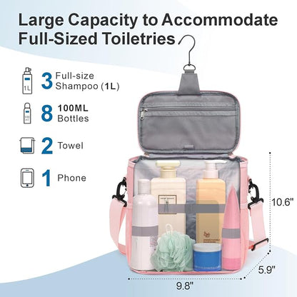 F-color Crossbody Shower Caddy with Phone Holder - Hands-Free Portable Toiletry Bag Fits Full-Size Bottles, Quick Dry Mesh Hanging Tote for College Dorm Essentials, Camping, Gym, Travel, Large, Pink