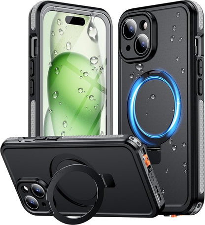 Temdan Magnetic for iPhone 15 Case Waterproof, [Built-in Ring Invisible Stand & Screen Protector][IP68 Underwater][Dropproof][Dustproof][Real 360] Shockproof Protective Phone Case 6.1'' -Gray