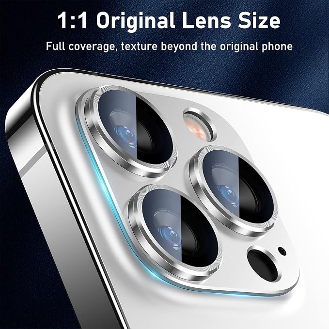 UniqueMe for iPhone 13 Pro/iPhone 13 Pro Max Camera Lens Protector, [Strong Drop Protection] [Not Easy to Fall-off] Metal Ring Tempered Glass Rear Camera Screen Cover - Silver