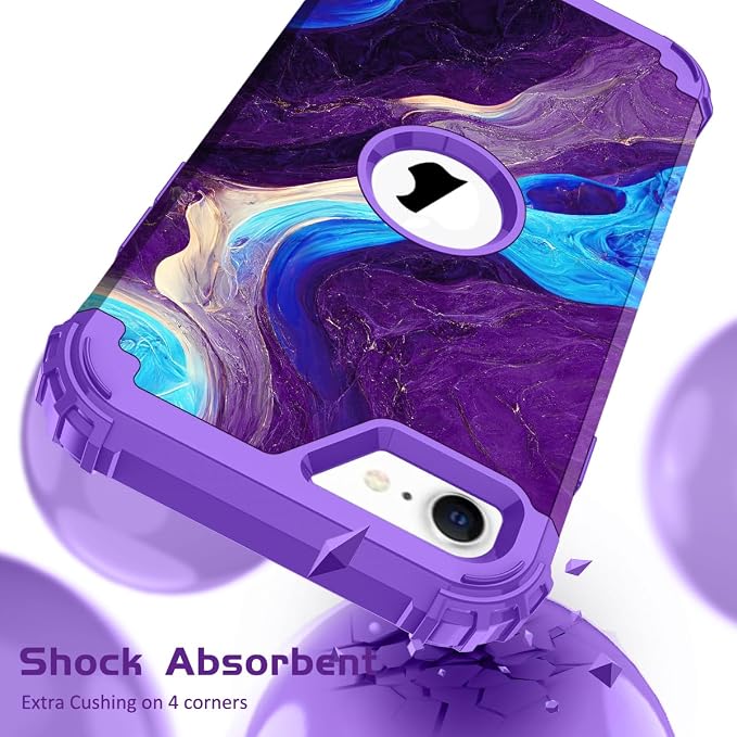 Hocase for iPhone SE 2022/2020 Case, Heavy Duty Shockproof Protection Hard Plastic+Silicone Rubber Hybrid Protective Case for iPhone SE 3rd/2nd Generation (4.7") - Blue Purple Marble