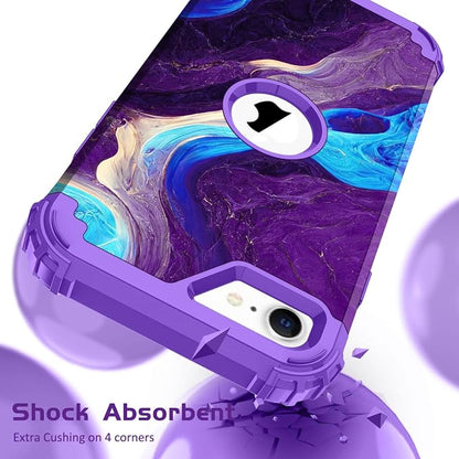 Hocase for iPhone SE 2022/2020 Case, Heavy Duty Shockproof Protection Hard Plastic+Silicone Rubber Hybrid Protective Case for iPhone SE 3rd/2nd Generation (4.7") - Blue Purple Marble