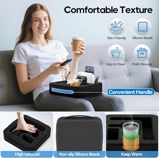 Couch Cup Holder Pillow, Sofa and Bed Caddy for iPad, Kindle, Switch, Game Controller, Remotes, Phones, Small-Sized Cup and Drink Holder for Couch, Bed, Desk, Car, Beach, Bathroom Cup Holder, Black