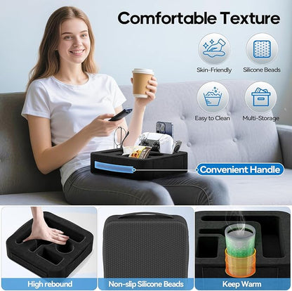 Couch Cup Holder Pillow, Sofa and Bed Caddy for iPad, Kindle, Switch, Game Controller, Remotes, Phones, Small-Sized Cup and Drink Holder for Couch, Bed, Desk, Car, Beach, Bathroom Cup Holder, Black