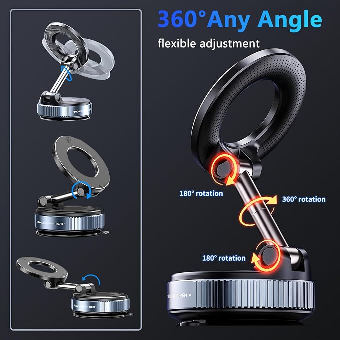 Magnetic Car Phone Holder for Magsafe [96+LBS Suction & 2800gf Magnetic],360°Adjustable Vacuum Suction Cup Car Phone Mount,Car Mount for iPhone 17 Pro Max 16 15 14 13 12 and All Smartphones