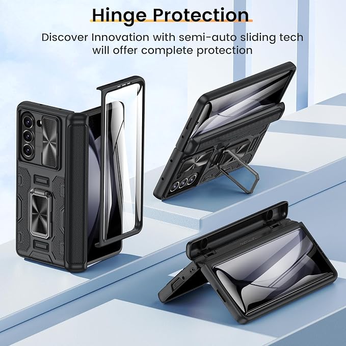 VEGO for Samsung Z Fold 5 Case, with Slide Camera Cover & Screen Protector | Built-in 360° Magnetic Kickstand Drop Protection Phone Case for Samsung Galaxy Z Fold 5 5G 2023 - Black
