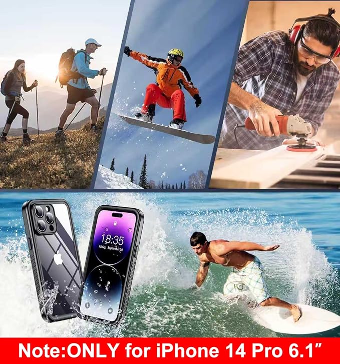SPIDERCASE Only Designed for iPhone 14 Pro Case Waterproof,Built-in Lens & Screen Protector, Full Heavy Duty Protection,12FT Military Shockproof, Dustproof, Anti-Scratched Phone Case,Black/Clear