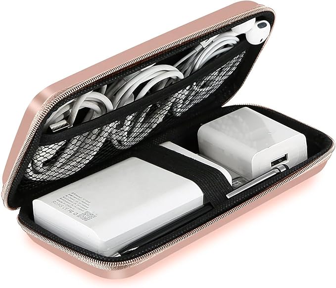 iMangoo Travel Essential Electronics Organizer Pouch Charger Case, Shockproof Dual Zipper Power Bank Cables Tech Accessories Purse, Men & Women Travel Must Have Storage Bag, 6.5x3.2x1 inch Rose Gold