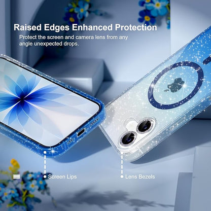 Choiche Magnetic for iPhone 17 Case Compatible with MagSafe, Women Cute Glitter Sparkly Phone Case with Diamond Camera Lens Protectors, Military-Grade Drop Protection 6.3" (Clear/Blue)