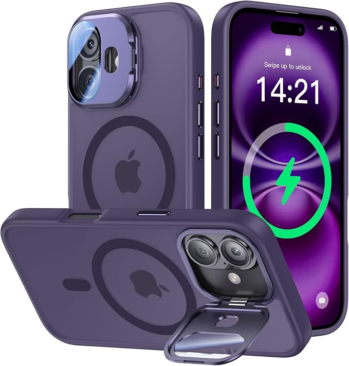 [Upgraded] for iPhone 16 Case with Camera Cover Stand [Fit for MagSafe][9H Camera Lens Protector] Mil-Grade Protection Translucent Matte Silicone Magnetic iPhone 16 Phone Case, Purple