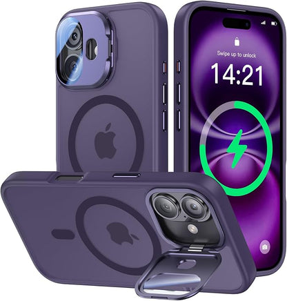 [Upgraded] for iPhone 16 Case with Camera Cover Stand [Fit for MagSafe][9H Camera Lens Protector] Mil-Grade Protection Translucent Matte Silicone Magnetic iPhone 16 Phone Case, Purple