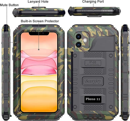 Beasyjoy for iPhone 11 Military-Grade Waterproof Metal Case - Full Body Protection, Shockproof, Dustproof, Built-in Screen, Outdoor (Camo)