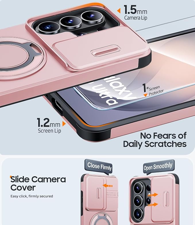 JAME for Samsung Galaxy S26 Ultra Case, Ring Holder Stand Kickstand, Slide Camera Cover with Screen Protector, Dual-Layer Shockproof Protective Magnetic Accessory Friendly S26 Ultra Phone Case, Pink