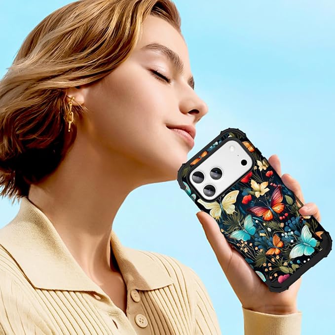 Hocase for iPhone 17 Pro Case 6.3", Heavy Duty Shockproof Protection Soft Silicone Rubber+Hard Plastic Bumpers Hybrid Protective Case for iPhone 17 Pro 2025 - Joyful Butterfly
