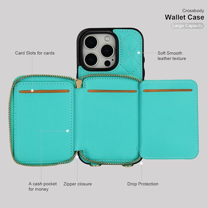 Bocasal Crossbody Wallet Case for iPhone 16 Pro, RFID Blocking PU Leather Zipper Handbag Purse Flip Cover, Kickstand Folio Case with Card Slots Holder Wrist Strap Lanyard 5G 6.3 Inch (Mint Green)