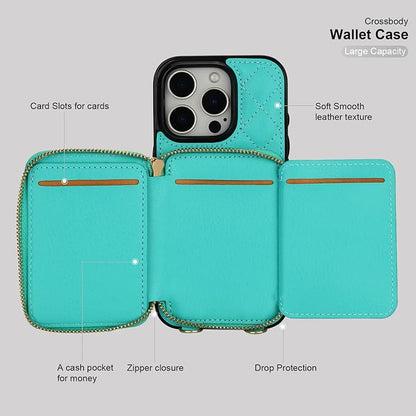 Bocasal Crossbody Wallet Case for iPhone 16 Pro, RFID Blocking PU Leather Zipper Handbag Purse Flip Cover, Kickstand Folio Case with Card Slots Holder Wrist Strap Lanyard 5G 6.3 Inch (Mint Green)