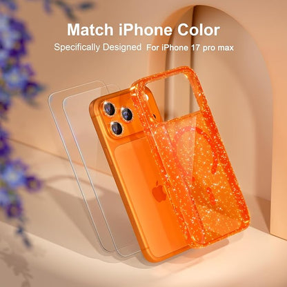 Choiche Magnetic for iPhone 17 Pro Max Case Compatible with MagSafe, Women Cute Glitter Sparkly Phone Case with Diamond Camera Lens Protectors, Military-Grade Drop Protection 6.9" (Orange)