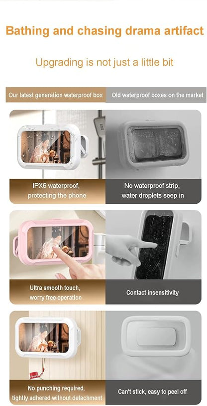 Shower Phone Holder Waterproof - 360° Bathroom Wall Phone Mount Stand Water Proof Anti Fog Case, Suitable for Phones Under 7 inches (Second Generation Pink)