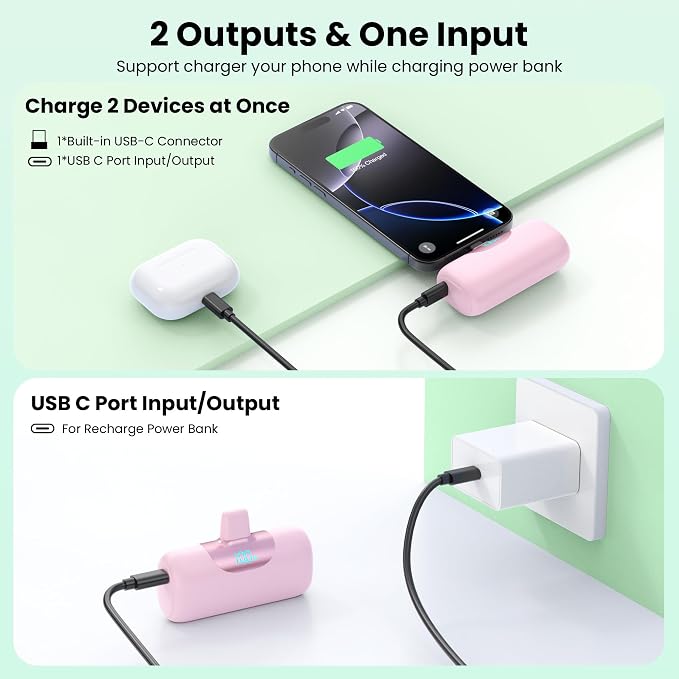[2-Pack] 5500mAh Portable Charger for iPhone 17/16, LCD Display USB C Mini Power Bank,PD Fast Charging Travel Lipstick Sized Battery Pack for iPhone 17/16/15 Pro Max, Galaxy S25/S24, Pixel(Black+Pink)