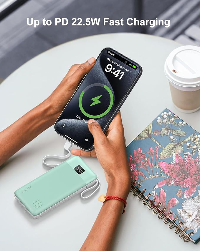 Portable Charger 10000mAh 22.5W PD 3.0+QC 4.0 Super Fast Charging Power Bank with Built-in Cables & AC Wall Plug, Slim External USB C Battery Pack for iPhone 17/16/15/14/13, Android, Samsung, iPad,etc