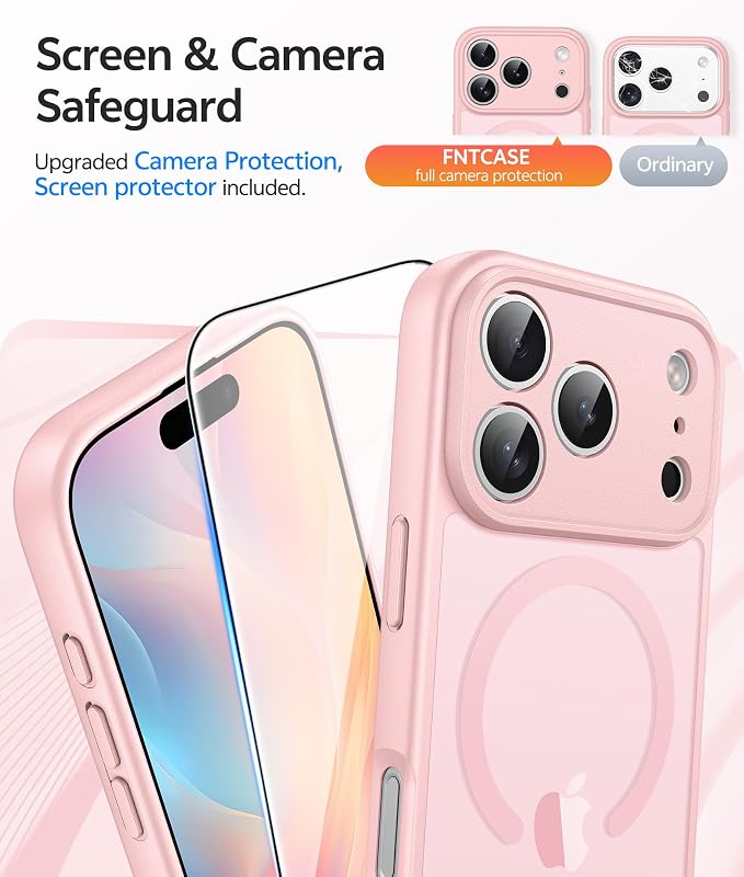 FNTCASE for iPhone 17 Pro-Max Case: [Compatible with Magsafe] Translucent Matte Cases with [Full Camera Protection] [Screen Protector] Military Grade Shockproof Protective Phone Cover - Light Pink