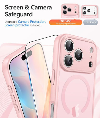 FNTCASE for iPhone 17 Pro-Max Case: [Compatible with Magsafe] Translucent Matte Cases with [Full Camera Protection] [Screen Protector] Military Grade Shockproof Protective Phone Cover - Light Pink