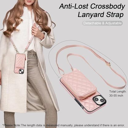 Bocasal Crossbody Wallet Case for iPhone 15 Plus, RFID Blocking PU Leather Zipper Handbag Purse Flip Cover, Kickstand Folio Case with Card Slots Holder Wrist Strap Lanyard 5G 6.7 Inch (Rose Gold)