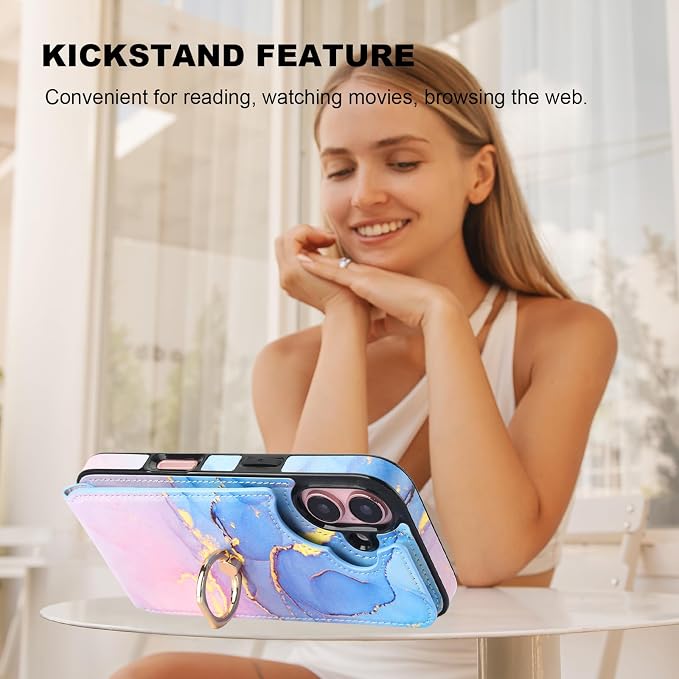 HAOPINSH for iPhone 16 Wallet Case with Card Holder, 360°Rotation Ring Kickstand, Pink Blue Marble Pattern, RFID Blocking Leather for Girls Women, Double Buttons Protective Cover 6.1"