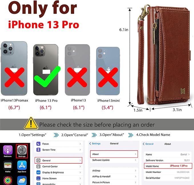Wallet Case for iPhone 13 Pro with Card Holder/Crossbody Wallet/Strap| RFID Blocking | Magnetic | Kickstand | Detachable | PU Leather Phone Case for iPhone 13 Pro,6.1 in,Brown