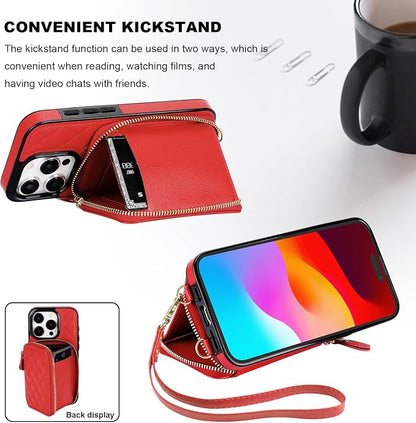 Bocasal Crossbody Wallet Case for iPhone 15 Pro, RFID Blocking PU Leather Zipper Handbag Purse Flip Cover, Kickstand Folio Case with Card Slots Holder Wrist Strap Lanyard 5G 6.1 Inch (Red)