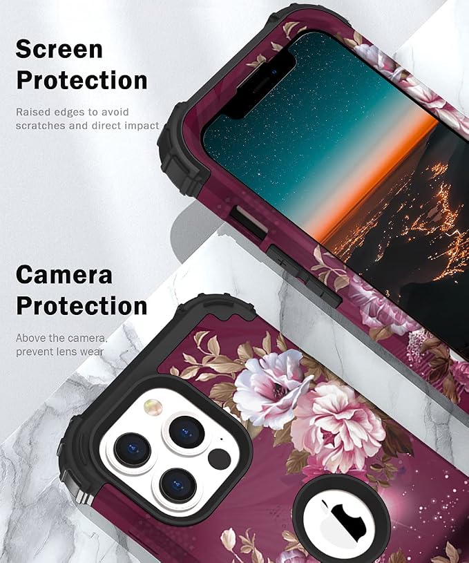 Hocase for iPhone 13 Pro Case, Heavy Duty Shockproof Protection Soft Silicone Rubber+Hard Plastic Bumpers Hybrid Protective Case for iPhone 13 Pro 6.1" 2021 - Royal Purple Flowers