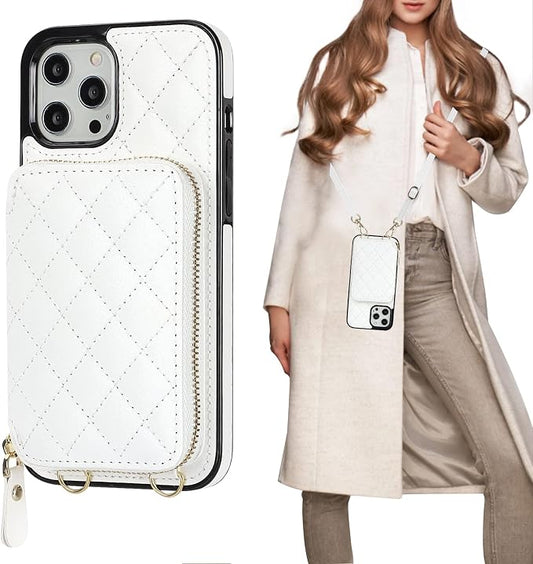 Bocasal Crossbody Wallet Case for iPhone 12 Pro Max, RFID Blocking PU Leather Zipper Handbag Purse Flip Cover, Kickstand Folio Case with Card Slots Holder Wrist Strap Lanyard 5G 6.7 Inch (White)