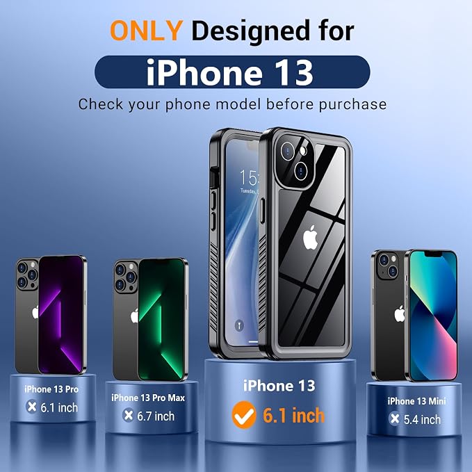 Temdan Magnetic for iPhone 13 Case Waterproof, Built-in Screen Protector[IP68 Underwater][Compatible with MagSafe][Full Body Shockproof][Military Dropproof] Protective Case for iPhone 13-Black/Clear