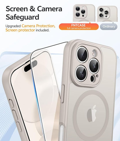 FNTCASE for iPhone 16 Pro Max Case, Fit for Magsafe, Glass Screen Protector | Full Camera Protection, Translucent Matte, 14FT Military Grade Drop Proof, Shockproof Protective Phone Cover, Off White