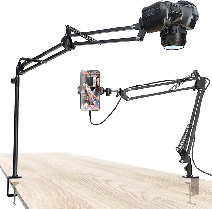 Overhead Camera Mount, Desk Camera Mount with Articulating Arm, 5lb Load Capacity, 360° Adjustable Stand for Phone/DSLR/Webcam, C-Clamp Tabletop Mount for Video Recording, YouTube, Live Streaming