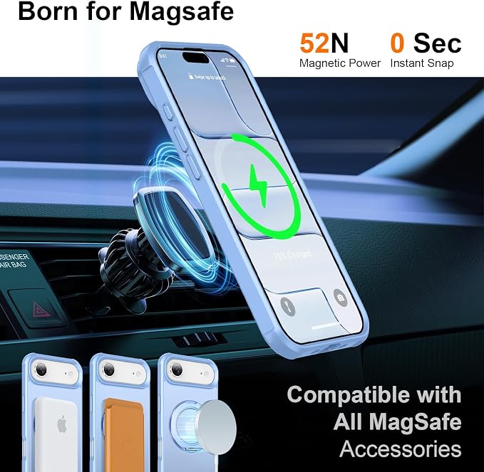 360° Magnetic Swivel Ring for iPhone 17 air case, Built-in Metal Stand and Ring Holder, Magsafe Compatible, Military Grade Protection, Shockproof - Light Blue
