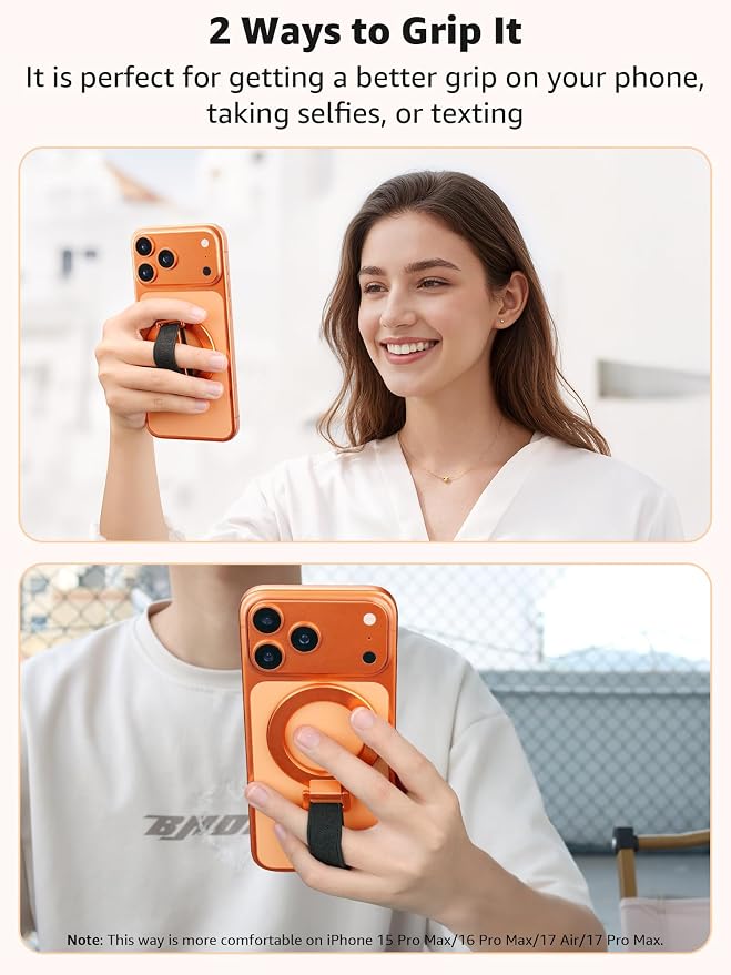 SUPERONE Magnetic Phone Grip with Finger Strap, Removable Magnetic Ring Holder with Kickstand Finger Loop, Accessories for iPhone 17/16/15/14/13/12 Series, Orange