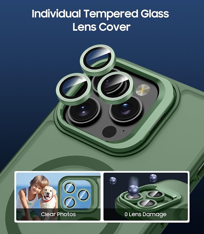 for iPhone 13 Pro Max Case, Compatible with MagSafe, 3-in-1 Camera Ring Stand, with 9H Camera Lens Cover, Non-Slip Translucent Matte Military-Grade Drop Protection Magnetic Case, Green