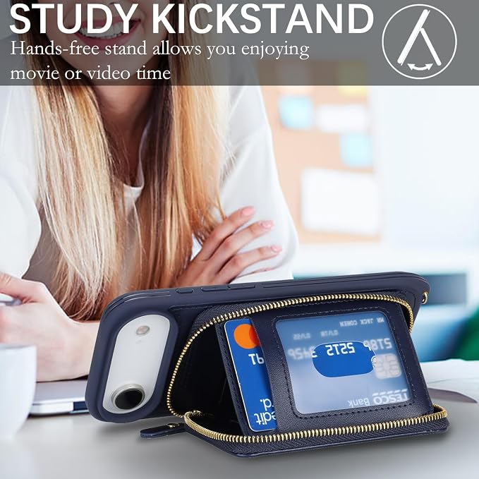 Crossbody Wallet Case for iPhone Air, PU Leather Zipper Handbag Purse Flip Cover, Kickstand Folio Case with Card Slots Holder Wrist Strap Lanyard 5G 6.5 Inch-Blue