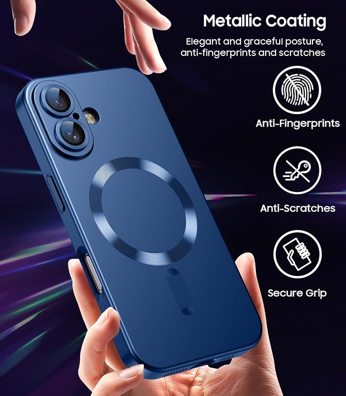 Magnetic for iPhone 17 Case [Compatible with MagSafe][Built-in Camera Lens Protector] Slim Thin Soft Silicone Bumper Shockproof Metallic Luster Phone Case (Blue)