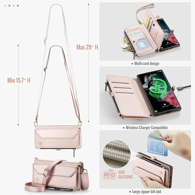 Strapurs Crossbody Wallet Case Compatible with Samsung Galaxy S22 Ultra 5G RFID Blocking 10-Card Holder Soft PU Leather Magnetic Snap Strap Zipper Pocket Phone Case Fit for Galaxy S22 Ultra - RoseGold