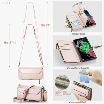 Strapurs Crossbody Wallet Case Compatible with Samsung Galaxy S22 Ultra 5G RFID Blocking 10-Card Holder Soft PU Leather Magnetic Snap Strap Zipper Pocket Phone Case Fit for Galaxy S22 Ultra - RoseGold