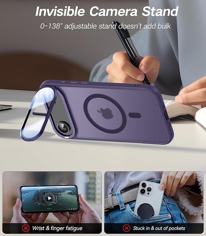 [Upgraded Full Camera Protection] for iPhone Air Case with Camera Cover Stand [Fit for MagSafe][10FT Mil-Grade Protection] Translucent Magnetic Phone Cover for iPhone 17 Air Case, Purple