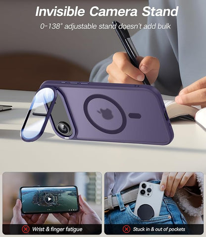 [Upgraded Full Camera Protection] for iPhone Air Case with Camera Cover Stand [Fit for MagSafe][10FT Mil-Grade Protection] Translucent Magnetic Phone Cover for iPhone 17 Air Case, Purple