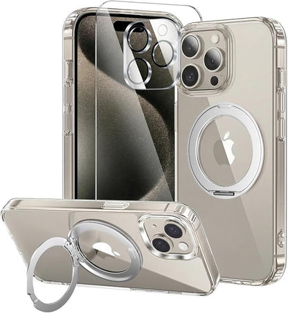 3 in 1 for iPhone 15 Pro Case Stand |Build in Kickstand,Screen Protector *1 & Camera Lens Protector*1, Not Yellowing, Fits MagSafe, Military-Grade Protection