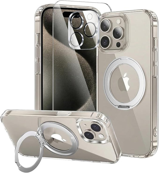 3 in 1 for iPhone 15 Pro Case Stand |Build in Kickstand,Screen Protector *1 & Camera Lens Protector*1, Not Yellowing, Fits MagSafe, Military-Grade Protection