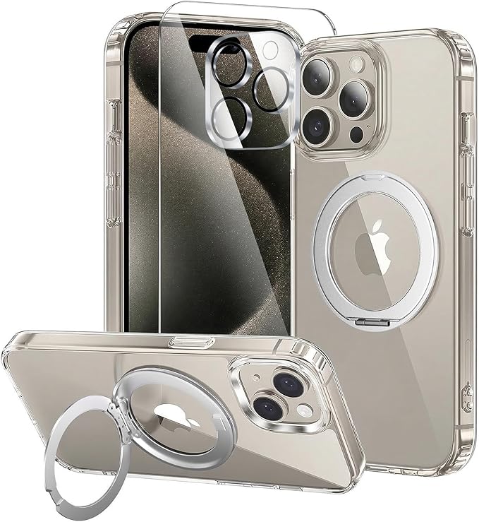 3 in 1 for iPhone 15 Pro Max Case Stand |Build in Kickstand,Screen Protector *1 & Camera Lens Protector*1, Not Yellowing, Fits MagSafe, Military-Grade Protection