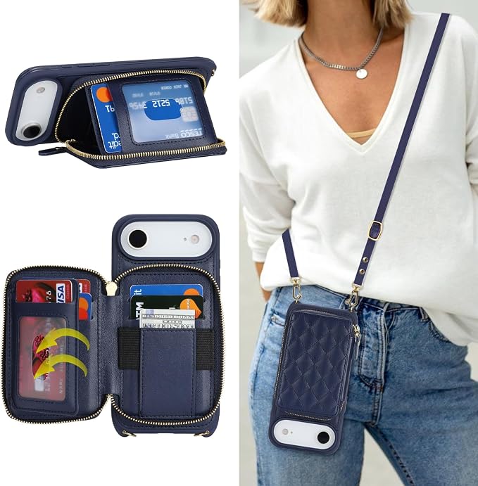 Crossbody Wallet Case for iPhone Air, PU Leather Zipper Handbag Purse Flip Cover, Kickstand Folio Case with Card Slots Holder Wrist Strap Lanyard 5G 6.5 Inch-Blue