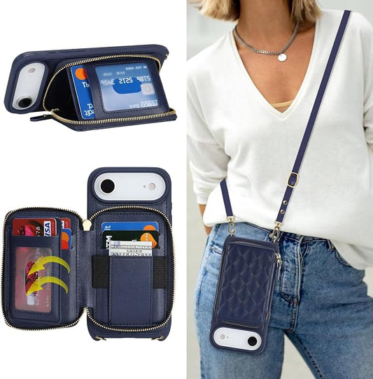 Crossbody Wallet Case for iPhone Air, PU Leather Zipper Handbag Purse Flip Cover, Kickstand Folio Case with Card Slots Holder Wrist Strap Lanyard 5G 6.5 Inch-Blue